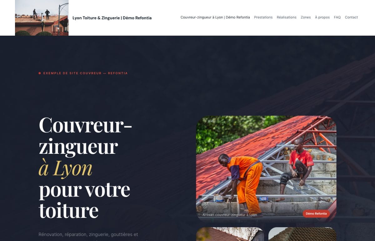Capture d’écran du site démo couvreur-zingueur créé par Refontia