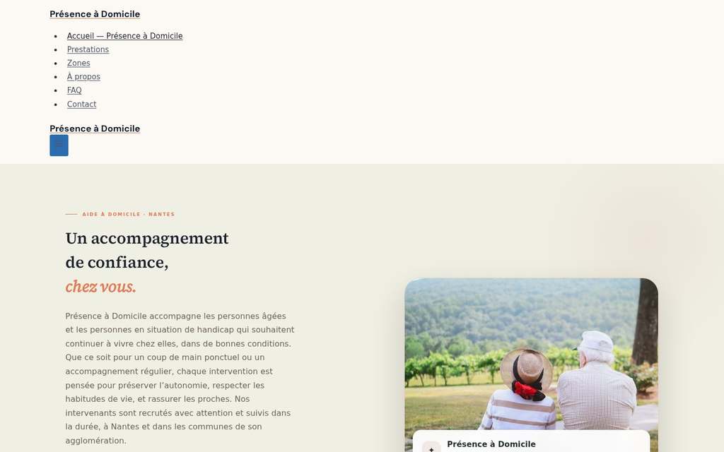 Capture d’écran du site démo aide à domicile créé par Refontia