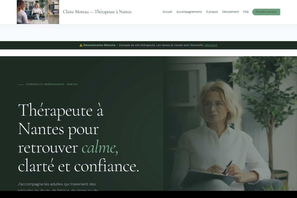 Capture d’écran du site démo praticien bien-être créé par Refontia