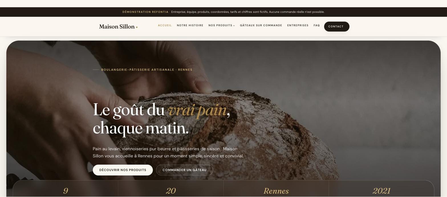 Capture d’écran du site de démonstration Maison Sillon, boulangerie-pâtisserie à Rennes créé par Refontia